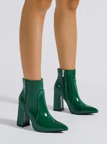 Zipper Side Point Toe Chunky Heeled Classic Boots - Green - View 1
