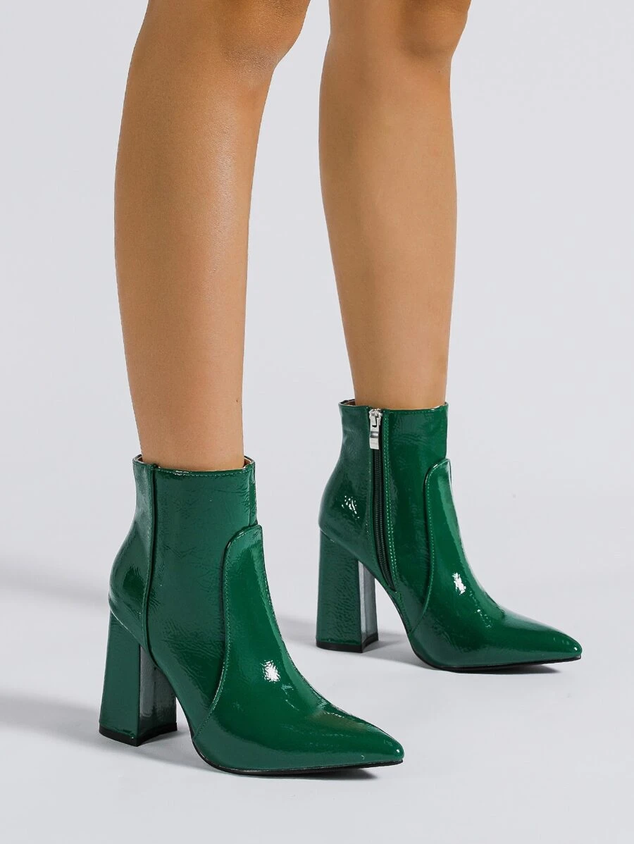 Zipper Side Point Toe Chunky Heeled Classic Boots - Green - View 1