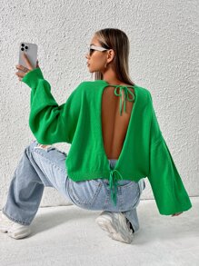 SHEIN EZwear Tie Back Drop Shoulder Sweater - Green - View 1