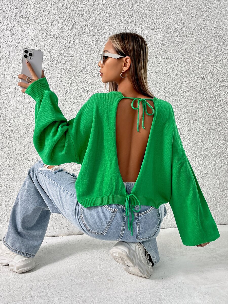 SHEIN EZwear Tie Back Drop Shoulder Sweater - Green - View 1