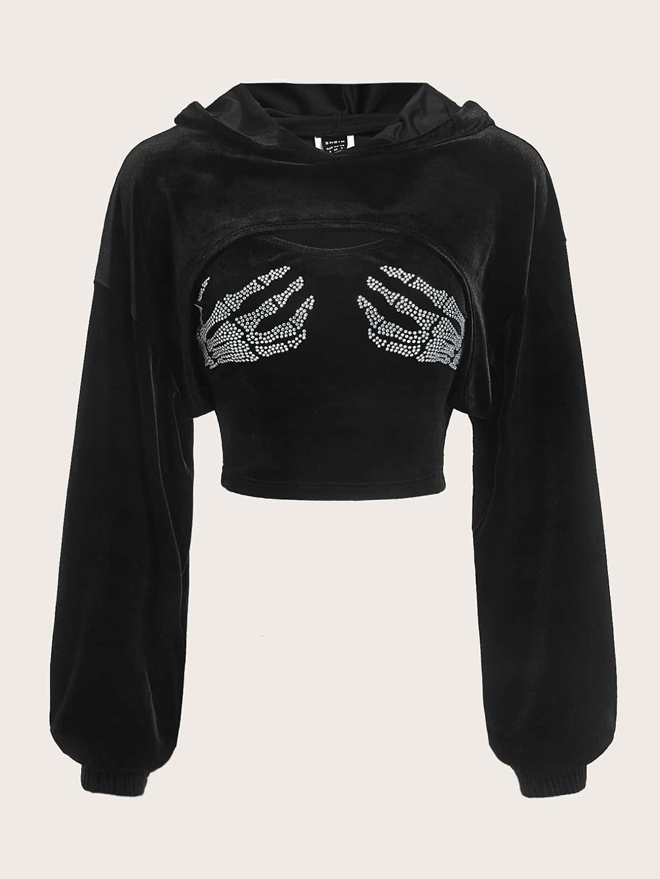 SHEIN EZwear 加大码万圣节骷髅印花落肩超短款卫衣和吊带背心 - 黑色 - 查看 1