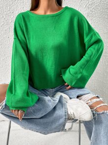 SHEIN EZwear Tie Back Drop Shoulder Sweater - Green - View 2