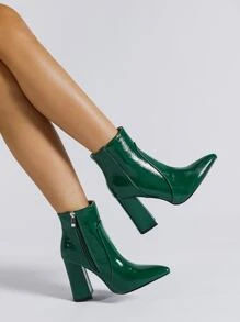 Zipper Side Point Toe Chunky Heeled Classic Boots - Green - View 4