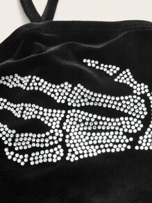 SHEIN EZwear 加大码万圣节骷髅印花落肩超短款卫衣和吊带背心 - 黑色 - 查看 3