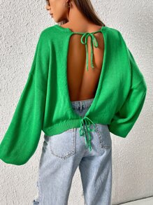 SHEIN EZwear Tie Back Drop Shoulder Sweater - Green - View 3
