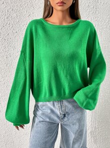 SHEIN EZwear Tie Back Drop Shoulder Sweater - Green - View 4