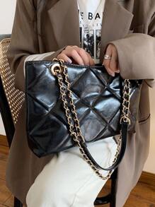 幾何格紋衍縫鏈條方包 - 黑色 - 查看 2