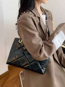 幾何格紋衍縫鏈條方包 - 黑色 - 查看 4