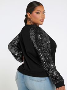 SHEIN SXY Plus Contrast Sequin Raglan Sleeve Sweatshirt - Black - View 2