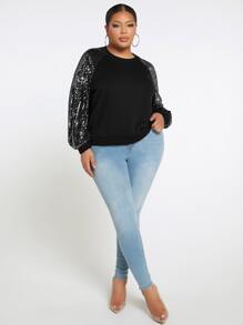 SHEIN SXY Plus Contrast Sequin Raglan Sleeve Sweatshirt - Black - View 3