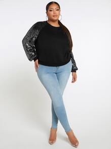SHEIN SXY Plus Contrast Sequin Raglan Sleeve Sweatshirt - Black - View 4