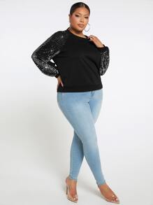 SHEIN SXY Plus Contrast Sequin Raglan Sleeve Sweatshirt - Black - View 5