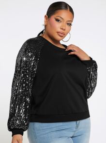 SHEIN SXY Plus Contrast Sequin Raglan Sleeve Sweatshirt - Black - View 6