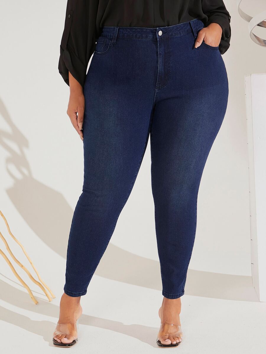 SHEIN CURVE+ Plus High Waist Skinny Jeans, Fall Women Clothes - Dark Wash - View 1