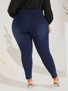 SHEIN CURVE+ Plus High Waist Skinny Jeans, Fall Women Clothes - Dark Wash - View 3