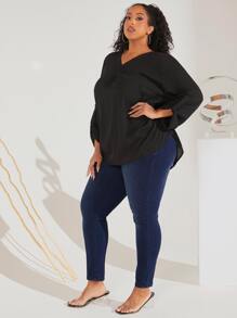 SHEIN CURVE+ Plus High Waist Skinny Jeans, Fall Women Clothes - Dark Wash - View 5