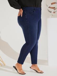 SHEIN CURVE+ Plus High Waist Skinny Jeans, Fall Women Clothes - Dark Wash - View 2