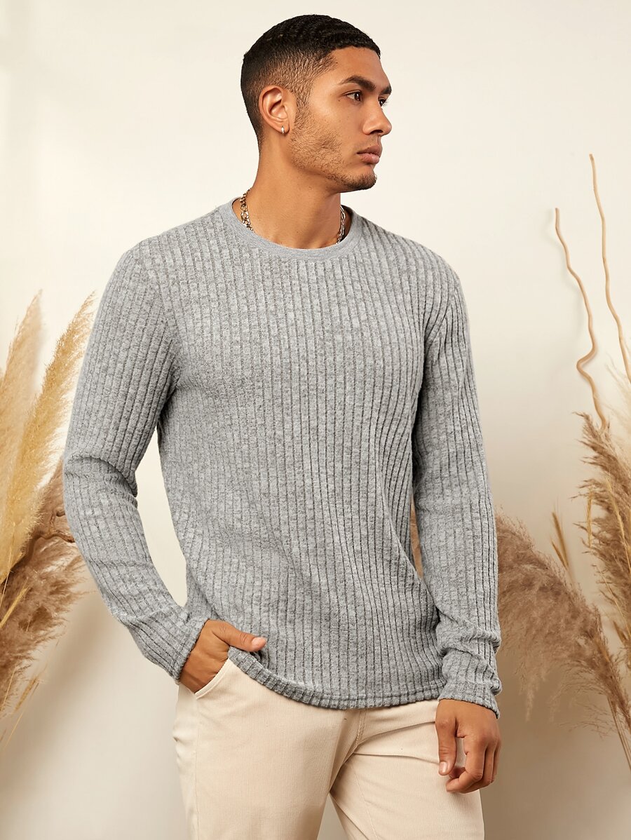 Manfinity 男士素色條紋針織T恤 - 灰色 - 查看 1