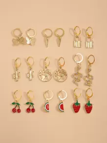 9pairs Fruit & Lock Drop Earrings - Multicolor - View 1