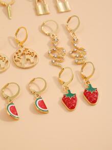9pairs Fruit & Lock Drop Earrings - Multicolor - View 2