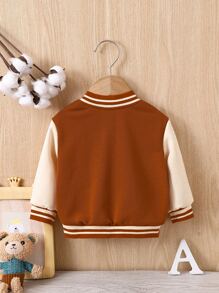 Baby Boy Letter Patched Striped Trim Varsity Jacket Without Pullover - Brown - View 2