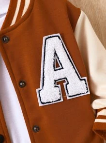Baby Boy Letter Patched Striped Trim Varsity Jacket Without Pullover - Brown - View 3