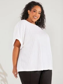 SHEIN CURVE+ Camiseta unicolor de manga murciélago - Blanco - Ver 4