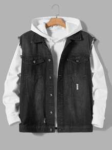 Manfinity Men Plus Ripped Flap Pocket Denim Vest Jacket - Black - View 1