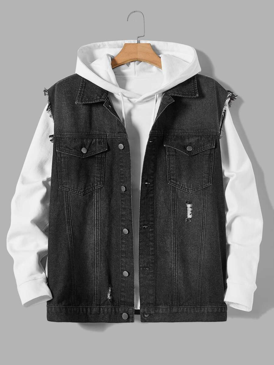 Manfinity Men Plus Ripped Flap Pocket Denim Vest Jacket - Black - View 1