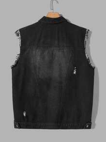 Manfinity Men Plus Ripped Flap Pocket Denim Vest Jacket - Black - View 2