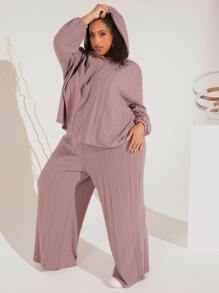 SHEIN CURVE+ Plus Drop Shoulder Hooded Top & Trousers PJ Set - Dusty Purple - View 2