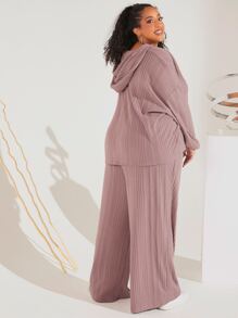 SHEIN CURVE+ Plus Drop Shoulder Hooded Top & Trousers PJ Set - Dusty Purple - View 3