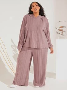 SHEIN CURVE+ Plus Drop Shoulder Hooded Top & Trousers PJ Set - Dusty Purple - View 4