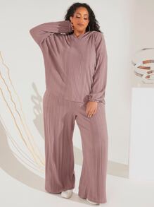 SHEIN CURVE+ Plus Drop Shoulder Hooded Top & Trousers PJ Set - Dusty Purple - View 5