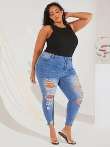 SHEIN CURVE+ Jeans ajustados desgarro - Lavado ligero - Ver 5