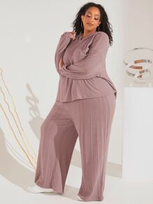 SHEIN CURVE+ Plus Drop Shoulder Hooded Top & Trousers PJ Set - Dusty Purple - View 1