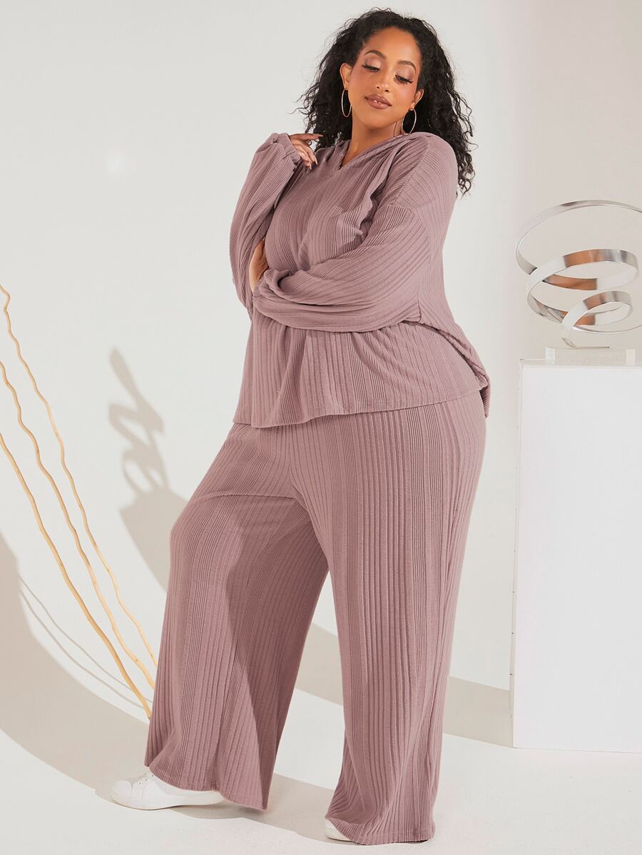SHEIN CURVE+ Plus Drop Shoulder Hooded Top & Trousers PJ Set - Dusty Purple - View 1