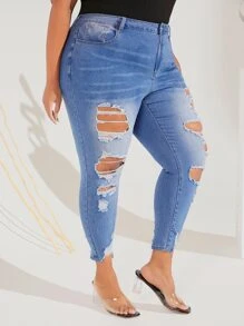 SHEIN CURVE+ Jeans ajustados desgarro - Lavado ligero - Ver 3