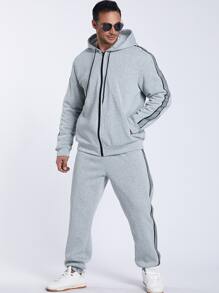 Manfinity Homme 男士拼接側邊接縫抽繩連帽衫和運動褲 - 灰色 - 查看 3