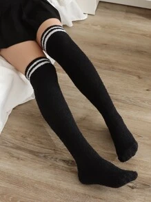 Calcetines altos ribete de rayas - Negro - Ver 4