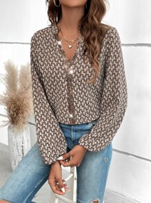 SHEIN Clasi Allover Print Contrast Sequin Lantern Sleeve Blouse - Mocha Brown - View 1