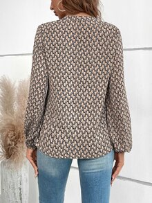 SHEIN Clasi Allover Print Contrast Sequin Lantern Sleeve Blouse - Mocha Brown - View 2