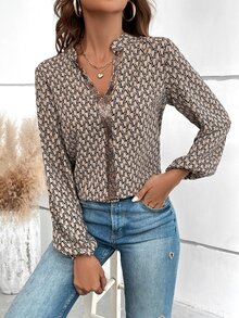 SHEIN Clasi Allover Print Contrast Sequin Lantern Sleeve Blouse - Mocha Brown - View 4