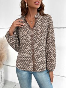 SHEIN Clasi Allover Print Contrast Sequin Lantern Sleeve Blouse - Mocha Brown - View 6