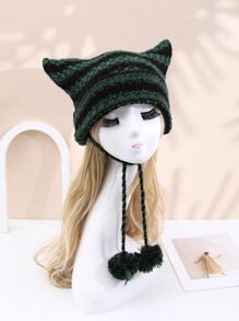 件女用斑馬條紋圖案附耳罩針織帽 - 綠色 - 查看 12