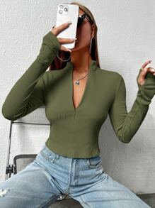 SHEIN EZwear 前拉鏈拇指洞短版T恤 - 軍綠色 - 查看 1