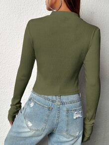 SHEIN EZwear 前拉鏈拇指洞短版T恤 - 軍綠色 - 查看 2