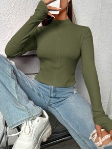 SHEIN EZwear 前拉鏈拇指洞短版T恤 - 軍綠色 - 查看 3