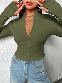 SHEIN EZwear 前拉鏈拇指洞短版T恤 - 軍綠色 - 查看 4