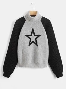 Star Pattern Turtleneck Raglan Sleeve Sweater - Grey - View 1